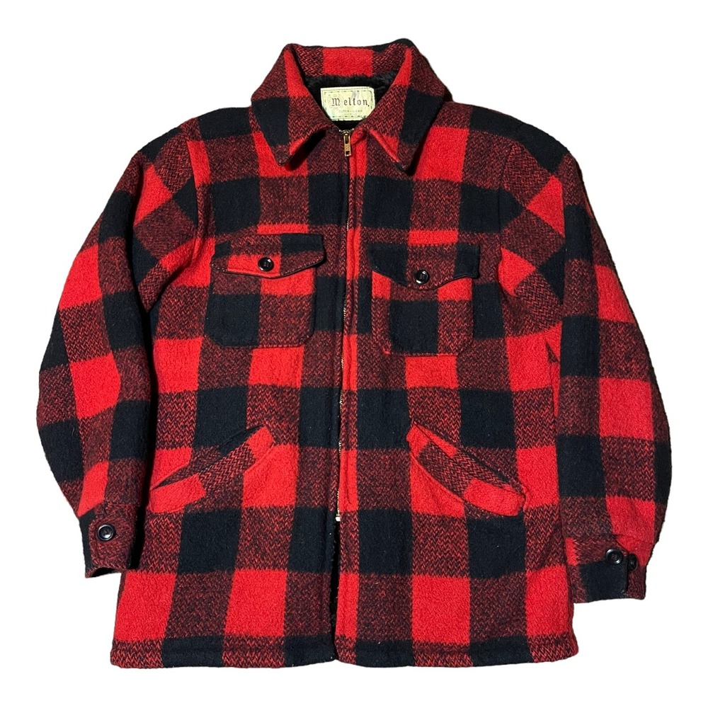 VTG 60s MELTON Wool Faux Fur Lined Red‎ Black Buffalo Plaid Chore Jacket Men's S